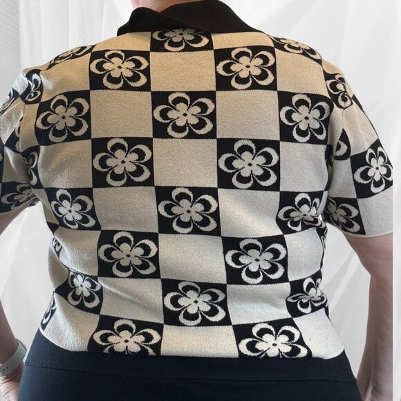Cider Black & White Checkerboard Floral Knit Button-Down Polo – Size 3XL - Picture 3 of 10
